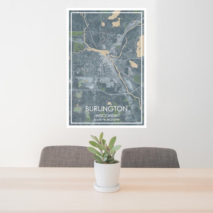 24x36 Burlington Wisconsin Map Print Portrait Orientation in Afternoon Style Behind 2 Chairs Table and Potted Plant