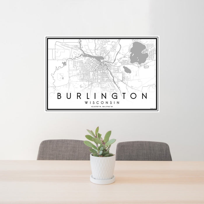 24x36 Burlington Wisconsin Map Print Lanscape Orientation in Classic Style Behind 2 Chairs Table and Potted Plant