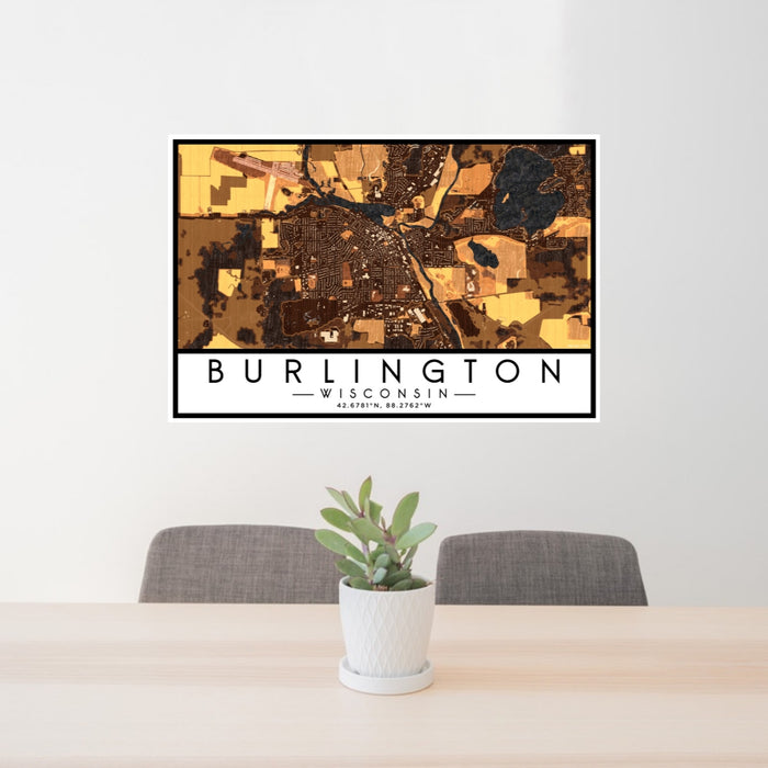 24x36 Burlington Wisconsin Map Print Lanscape Orientation in Ember Style Behind 2 Chairs Table and Potted Plant