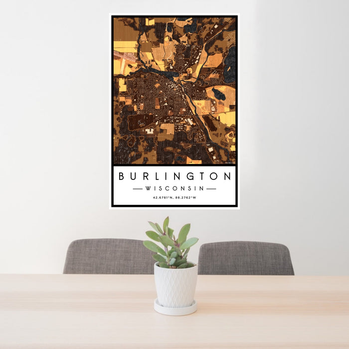 24x36 Burlington Wisconsin Map Print Portrait Orientation in Ember Style Behind 2 Chairs Table and Potted Plant