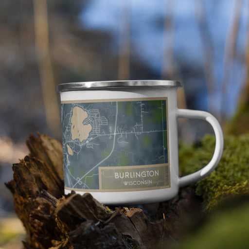 Right View Custom Burlington Wisconsin Map Enamel Mug in Afternoon on Grass With Trees in Background