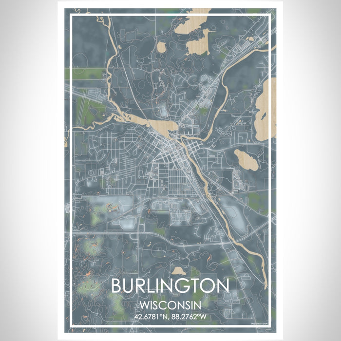 Burlington Wisconsin Map Print Portrait Orientation in Afternoon Style With Shaded Background