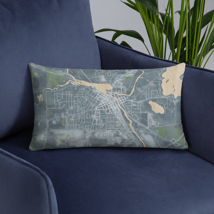 Custom Burlington Wisconsin Map Throw Pillow in Afternoon on Blue Colored Chair