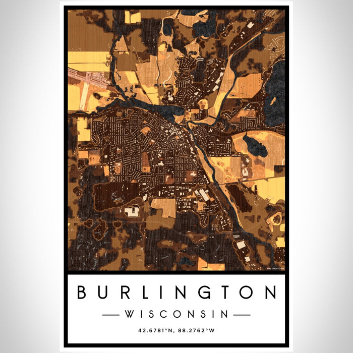 Burlington Wisconsin Map Print Portrait Orientation in Ember Style With Shaded Background