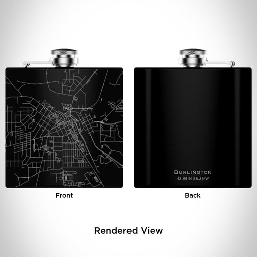 Rendered View of Burlington Wisconsin Map Engraving on 6oz Stainless Steel Flask in Black