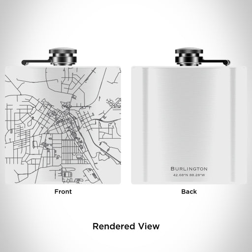 Rendered View of Burlington Wisconsin Map Engraving on 6oz Stainless Steel Flask in White