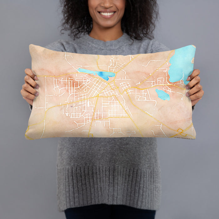 Person holding 20x12 Custom Burlington Wisconsin Map Throw Pillow in Watercolor