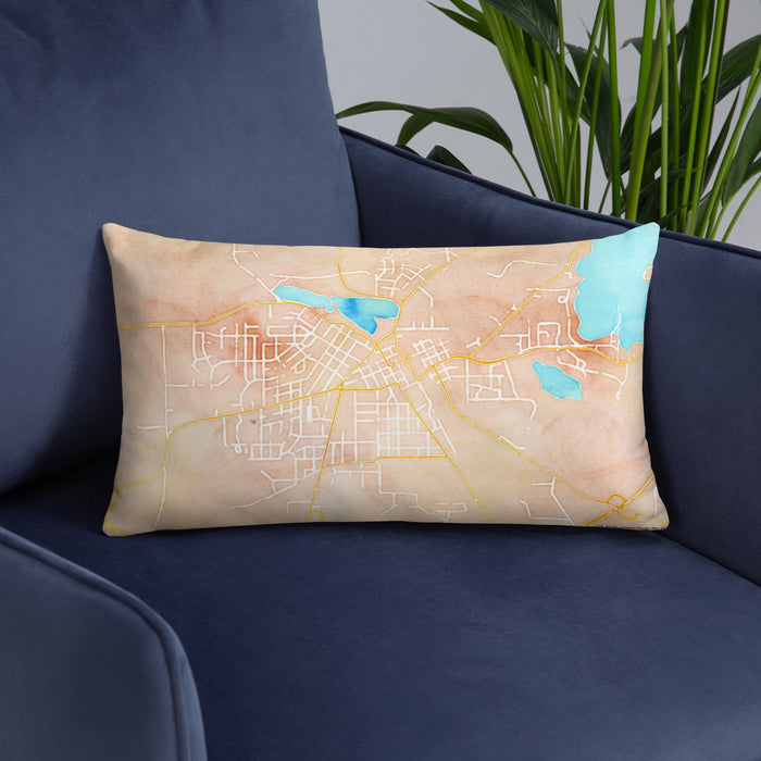 Custom Burlington Wisconsin Map Throw Pillow in Watercolor on Blue Colored Chair