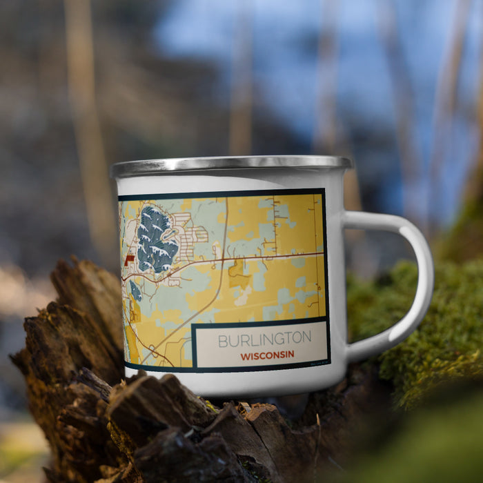 Right View Custom Burlington Wisconsin Map Enamel Mug in Woodblock on Grass With Trees in Background