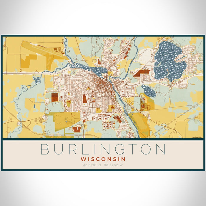 Burlington Wisconsin Map Print Landscape Orientation in Woodblock Style With Shaded Background