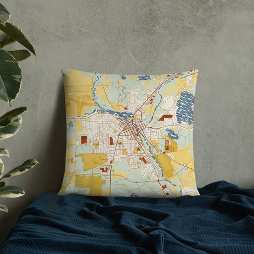 Custom Burlington Wisconsin Map Throw Pillow in Woodblock on Bedding Against Wall