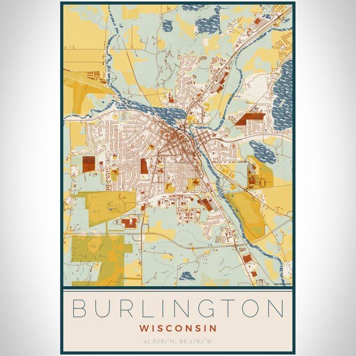 Burlington Wisconsin Map Print Portrait Orientation in Woodblock Style With Shaded Background