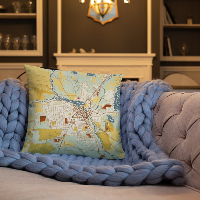 Custom Burlington Wisconsin Map Throw Pillow in Woodblock on Cream Colored Couch