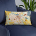 Custom Burlington Wisconsin Map Throw Pillow in Woodblock on Blue Colored Chair