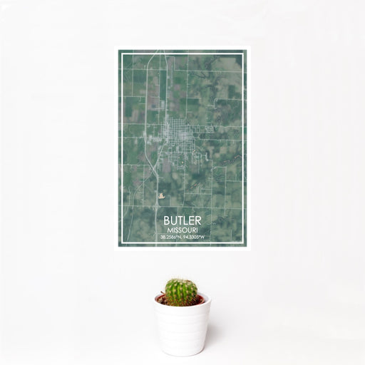 12x18 Butler Missouri Map Print Portrait Orientation in Afternoon Style With Small Cactus Plant in White Planter