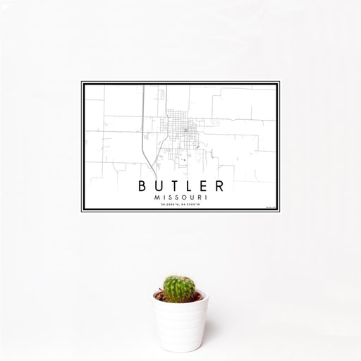 12x18 Butler Missouri Map Print Landscape Orientation in Classic Style With Small Cactus Plant in White Planter