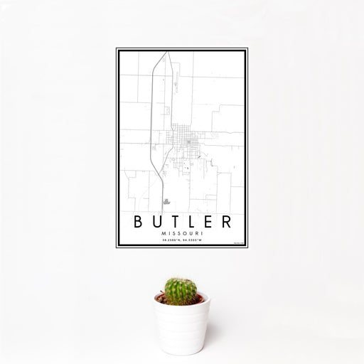 12x18 Butler Missouri Map Print Portrait Orientation in Classic Style With Small Cactus Plant in White Planter