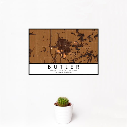 12x18 Butler Missouri Map Print Landscape Orientation in Ember Style With Small Cactus Plant in White Planter