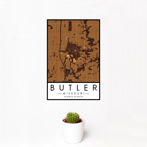 12x18 Butler Missouri Map Print Portrait Orientation in Ember Style With Small Cactus Plant in White Planter