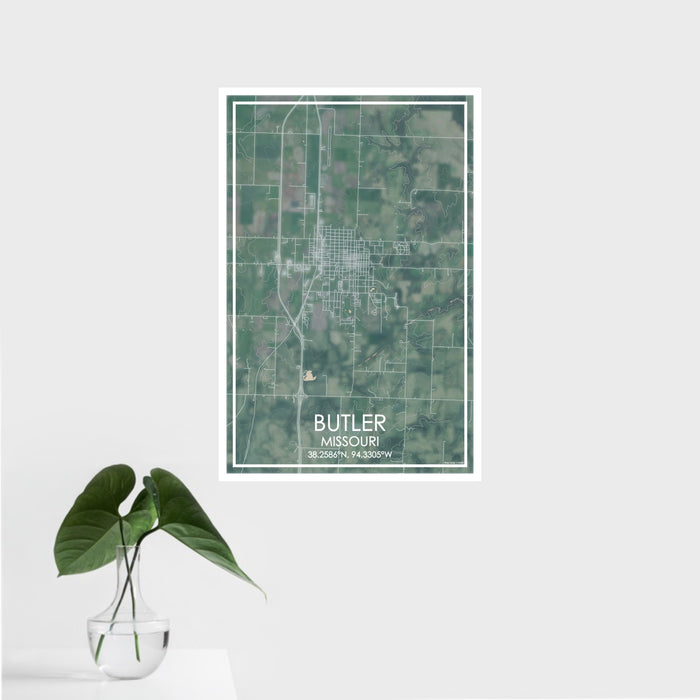 16x24 Butler Missouri Map Print Portrait Orientation in Afternoon Style With Tropical Plant Leaves in Water