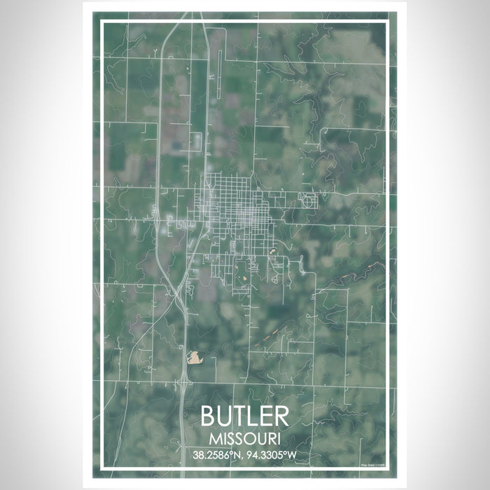 Butler Missouri Map Print Portrait Orientation in Afternoon Style With Shaded Background