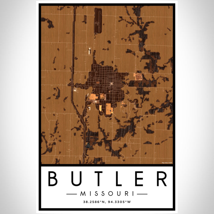 Butler Missouri Map Print Portrait Orientation in Ember Style With Shaded Background