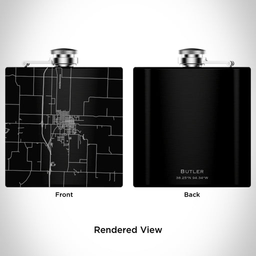 Rendered View of Butler Missouri Map Engraving on 6oz Stainless Steel Flask in Black