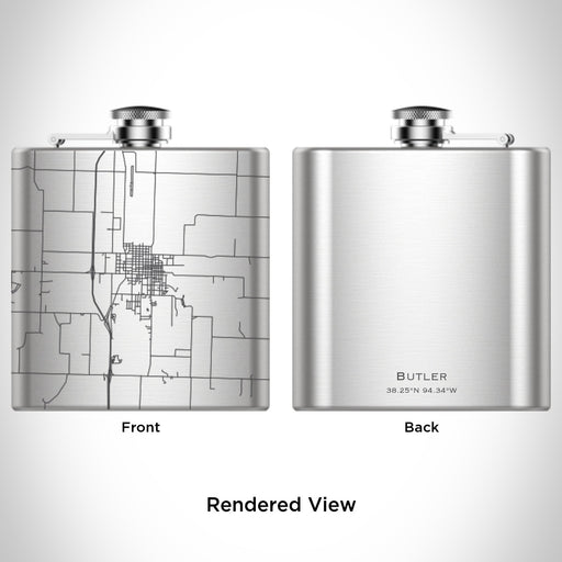Rendered View of Butler Missouri Map Engraving on 6oz Stainless Steel Flask