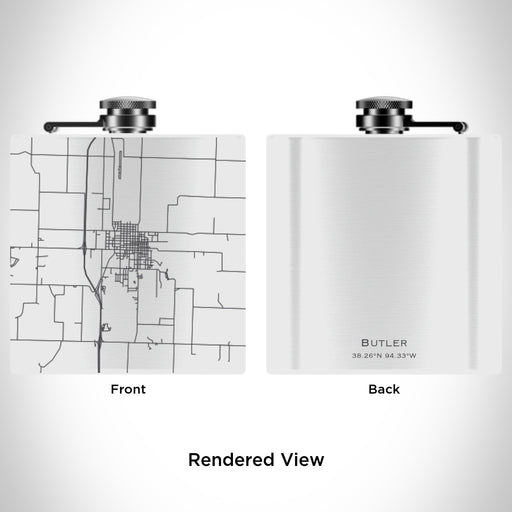 Rendered View of Butler Missouri Map Engraving on 6oz Stainless Steel Flask in White