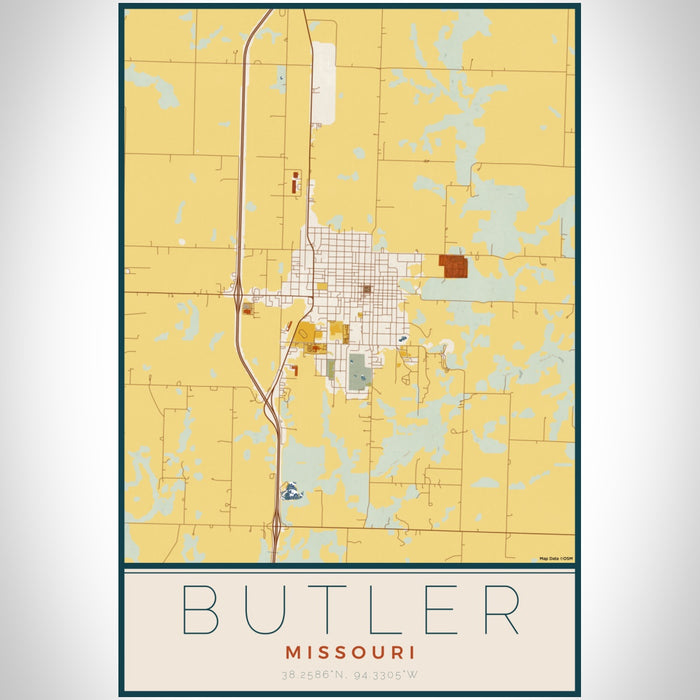 Butler Missouri Map Print Portrait Orientation in Woodblock Style With Shaded Background