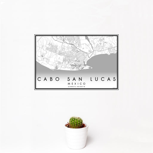 12x18 Cabo San Lucas Mexico Map Print Landscape Orientation in Classic Style With Small Cactus Plant in White Planter
