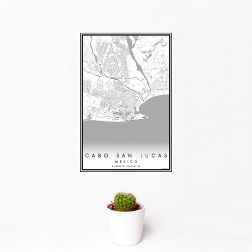 12x18 Cabo San Lucas Mexico Map Print Portrait Orientation in Classic Style With Small Cactus Plant in White Planter