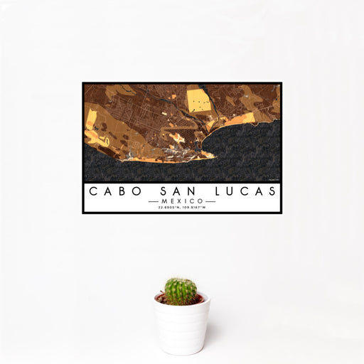 12x18 Cabo San Lucas Mexico Map Print Landscape Orientation in Ember Style With Small Cactus Plant in White Planter