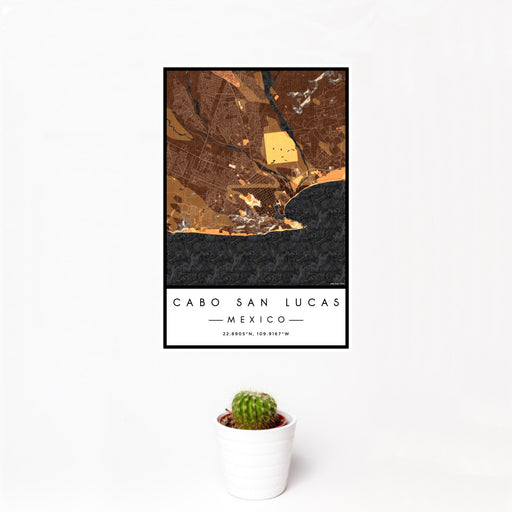 12x18 Cabo San Lucas Mexico Map Print Portrait Orientation in Ember Style With Small Cactus Plant in White Planter
