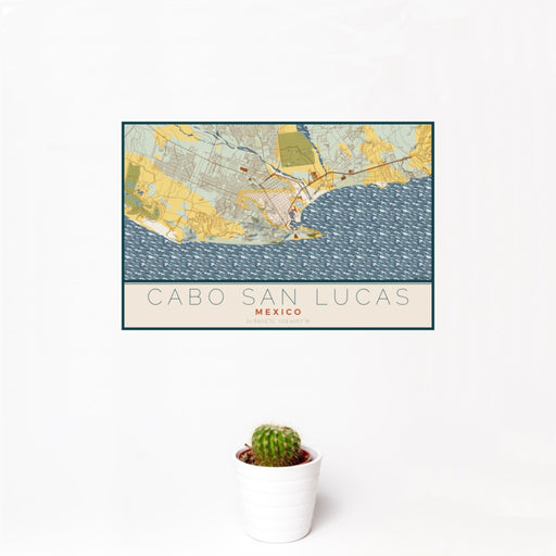 12x18 Cabo San Lucas Mexico Map Print Landscape Orientation in Woodblock Style With Small Cactus Plant in White Planter