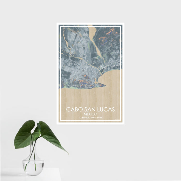 16x24 Cabo San Lucas Mexico Map Print Portrait Orientation in Afternoon Style With Tropical Plant Leaves in Water