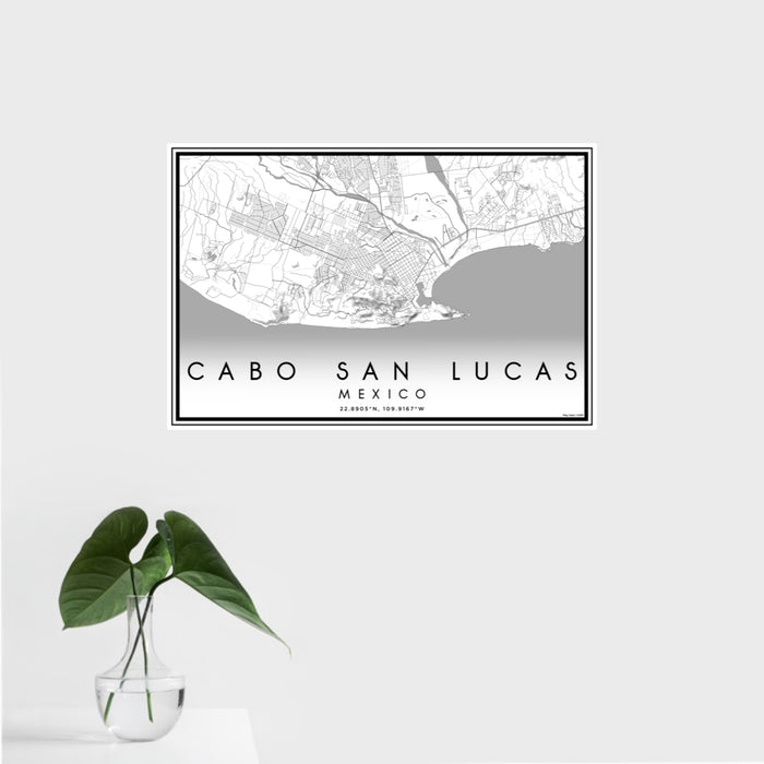 16x24 Cabo San Lucas Mexico Map Print Landscape Orientation in Classic Style With Tropical Plant Leaves in Water