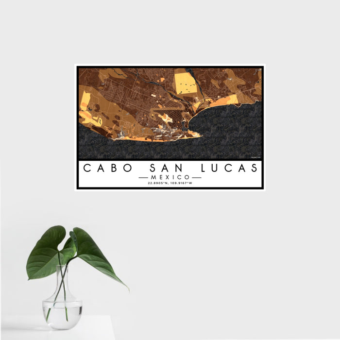 16x24 Cabo San Lucas Mexico Map Print Landscape Orientation in Ember Style With Tropical Plant Leaves in Water