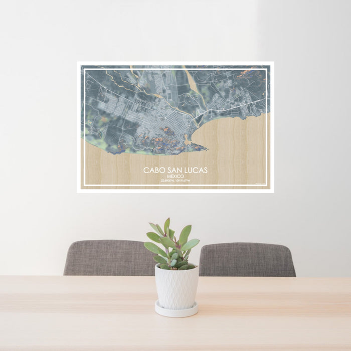 24x36 Cabo San Lucas Mexico Map Print Lanscape Orientation in Afternoon Style Behind 2 Chairs Table and Potted Plant