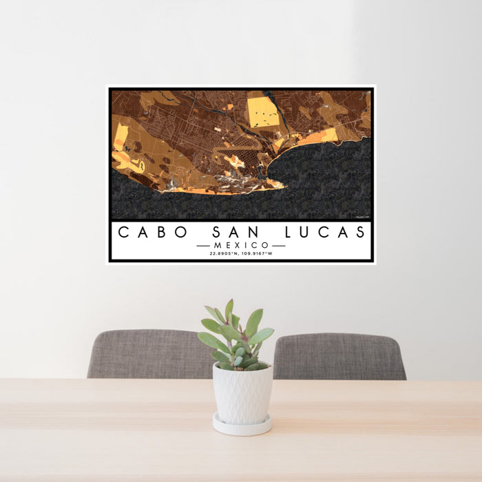 24x36 Cabo San Lucas Mexico Map Print Lanscape Orientation in Ember Style Behind 2 Chairs Table and Potted Plant