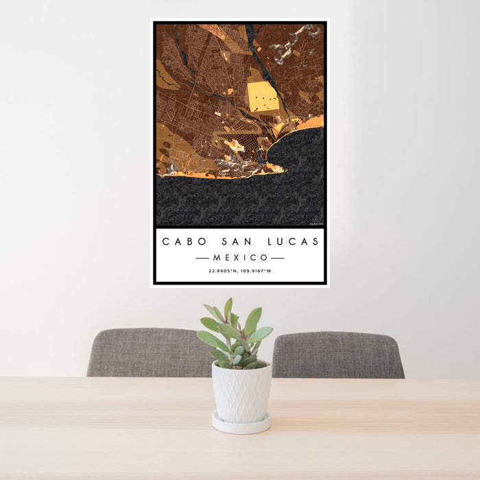 24x36 Cabo San Lucas Mexico Map Print Portrait Orientation in Ember Style Behind 2 Chairs Table and Potted Plant