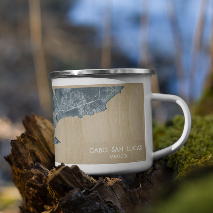 Right View Custom Cabo San Lucas Mexico Map Enamel Mug in Afternoon on Grass With Trees in Background