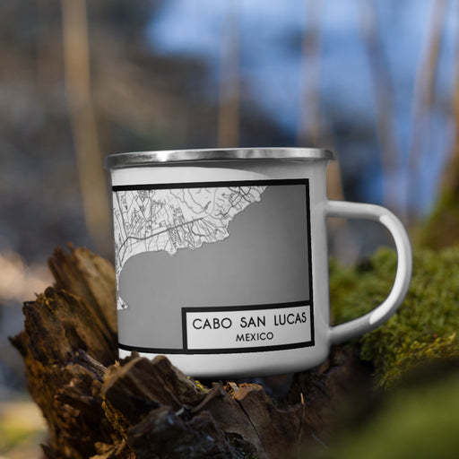 Right View Custom Cabo San Lucas Mexico Map Enamel Mug in Classic on Grass With Trees in Background