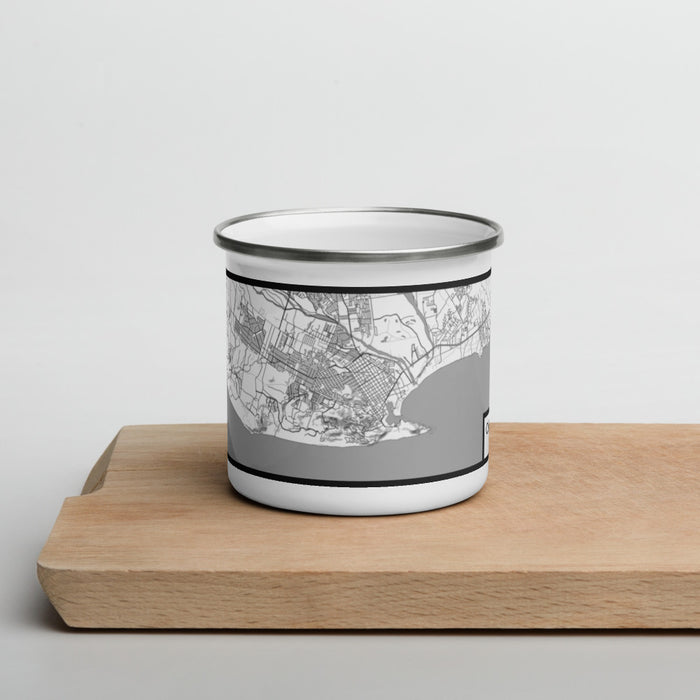 Front View Custom Cabo San Lucas Mexico Map Enamel Mug in Classic on Cutting Board