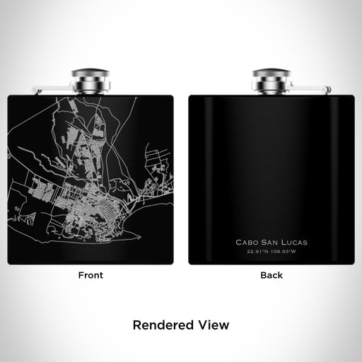 Rendered View of Cabo San Lucas Mexico Map Engraving on 6oz Stainless Steel Flask in Black