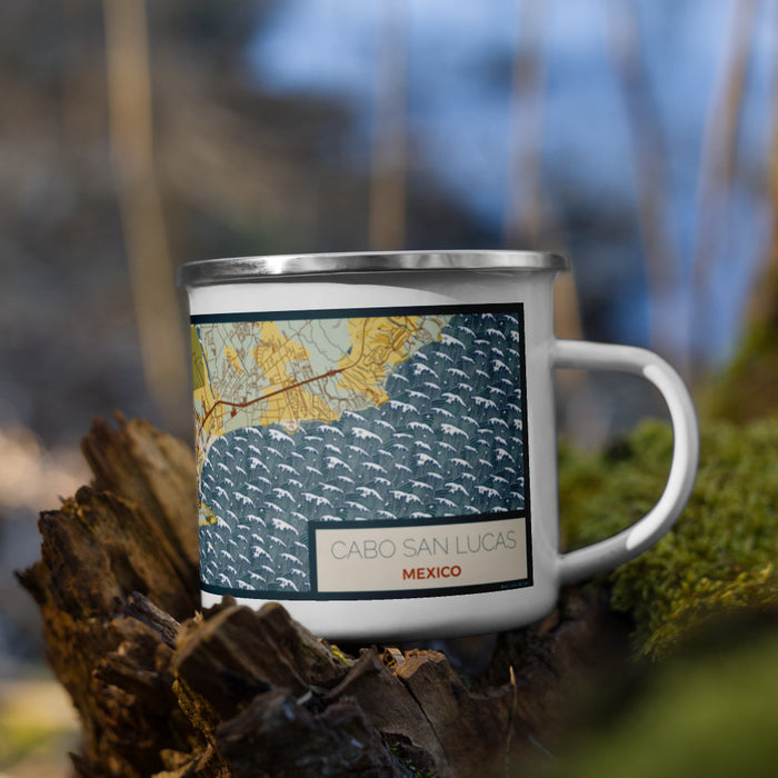 Right View Custom Cabo San Lucas Mexico Map Enamel Mug in Woodblock on Grass With Trees in Background