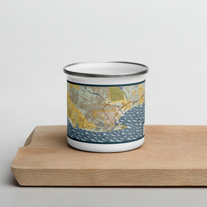 Front View Custom Cabo San Lucas Mexico Map Enamel Mug in Woodblock on Cutting Board