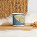 Left View Custom Cabo San Lucas Mexico Map Enamel Mug in Woodblock on Table Top