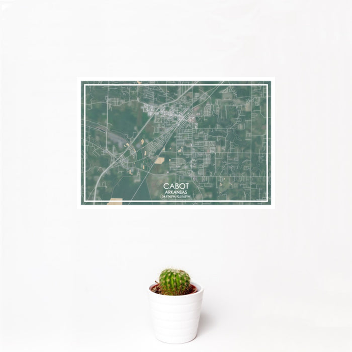 12x18 Cabot Arkansas Map Print Landscape Orientation in Afternoon Style With Small Cactus Plant in White Planter