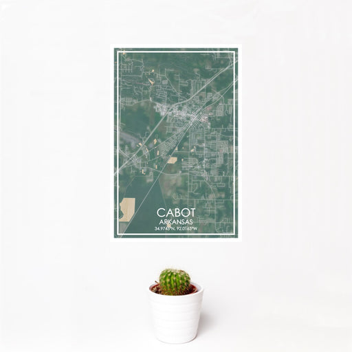 12x18 Cabot Arkansas Map Print Portrait Orientation in Afternoon Style With Small Cactus Plant in White Planter